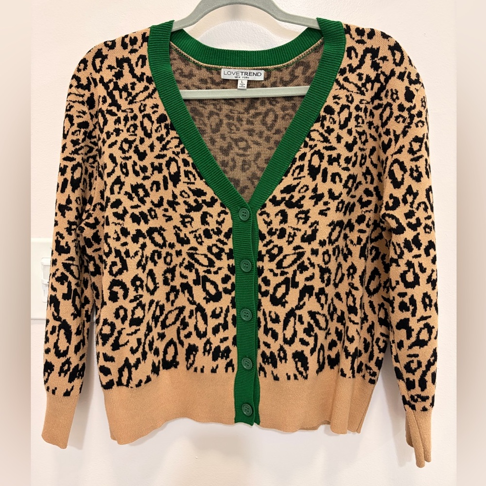 Leopard Print Sweater - Green and Tan, Size Large